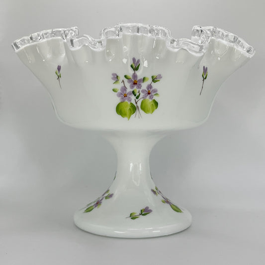 Signed Fenton Milk Glass Compote – Hand-Painted Violets with Clear-Crested Rim