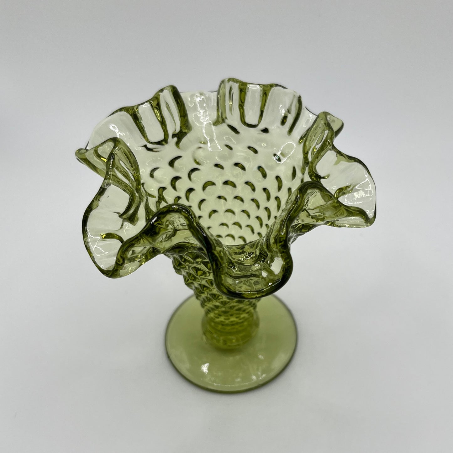 Fenton Green Hobnail Mini Vase – Ruffled Edge Pedestal Base