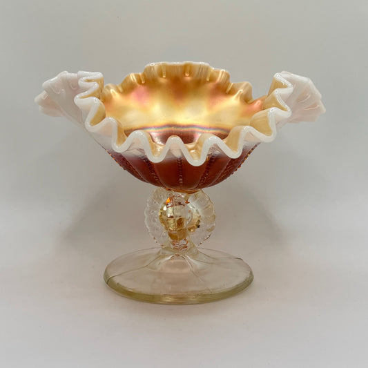 Antique Dugan Beaded Shell Marigold Opalescent Glass Compote with Ruffled Edge and Scroll Stem